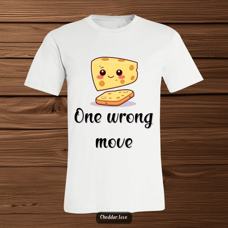 Funny t-shirt with a happy cheese slice character balancing carefully on a cracker, depicting a humorous food adventure.