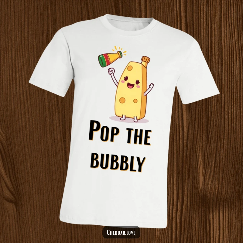 Funny T-Shirt showing a slice of cheese gleefully raising a mini champagne bottle, ready to party.