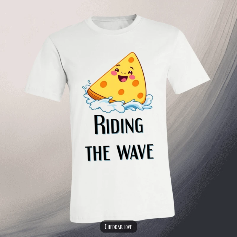 Funny Cheddar Cheese T-Shirt depicting a grinning wedge expertly surfing a wave made of cheese, full of stoke.