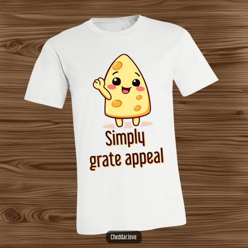Funny cheese character doing a cheerful wave with a raised corner on a humorous t-shirt, a great funny gift.
