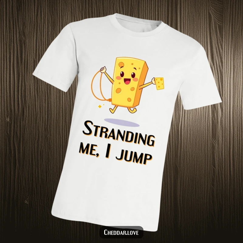 Funny Cheddar Cheese T-Shirt: A happy cartoon cheese character mid-jump, skillfully rope jumping with a cheese strand, full of glee.