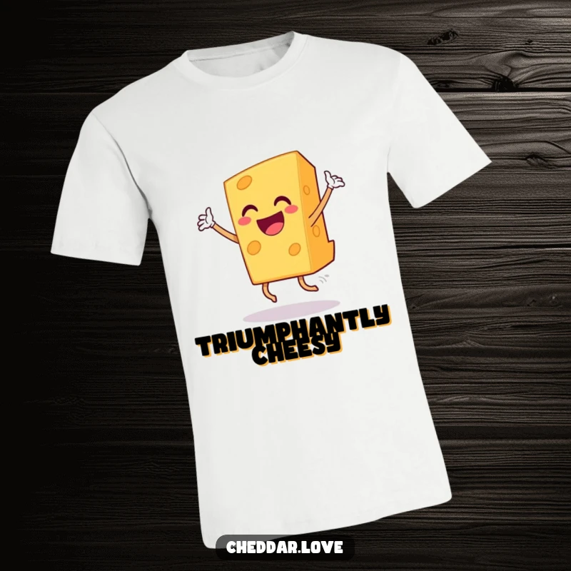 Funny grinning cheddar cheese slice dancing triumphantly, a vibrant and humorous t-shirt design.
