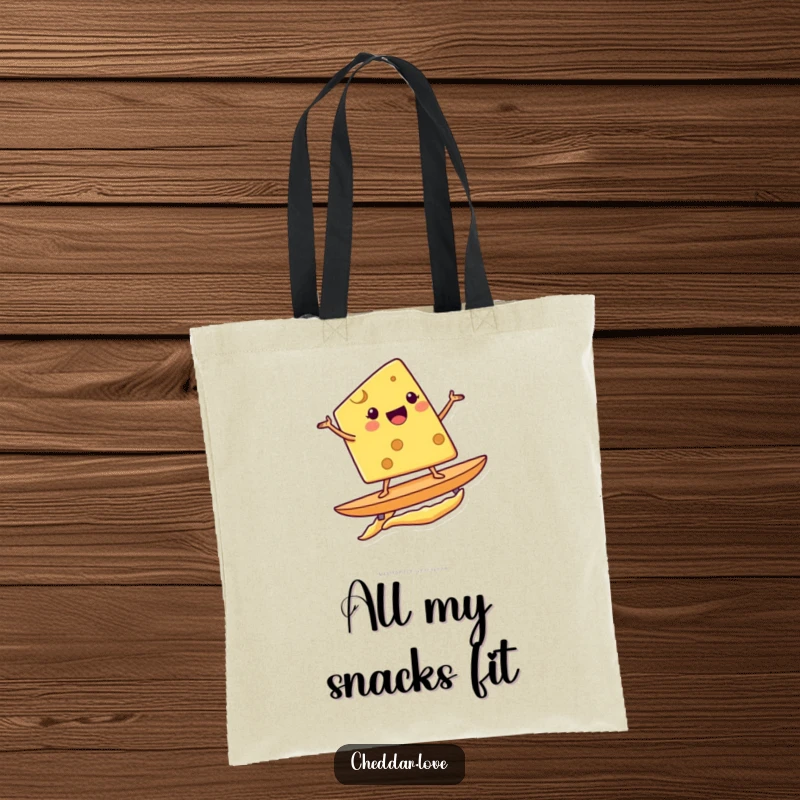 Funny tote bag showing a happy cheese wedge surfing on a potato chip, perfect for carrying groceries with a smile.