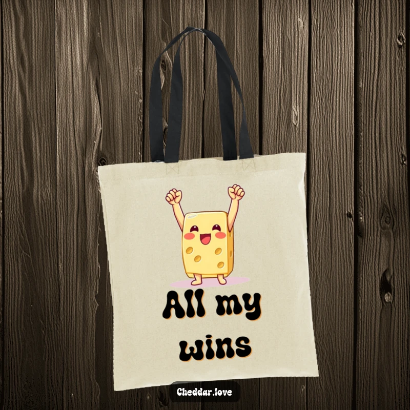 Funny cheese tote bag featuring a victorious cheese slice with arms raised high, exclaiming a triumphant win.