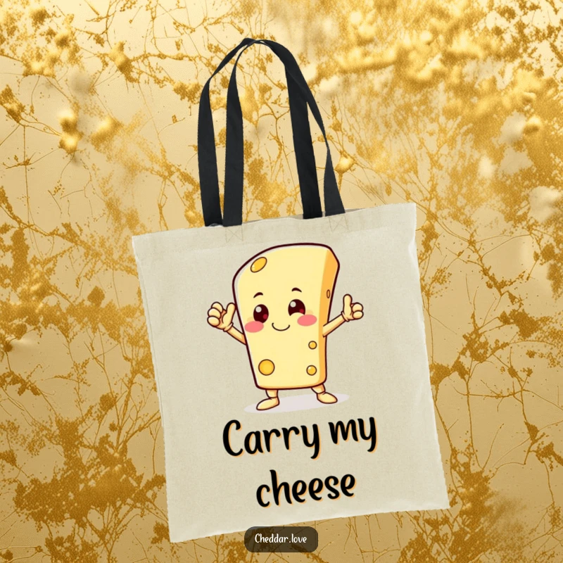 Funny tote bag featuring a happy cheese character in a heroic pose, combining whimsical charm with comical heroism.