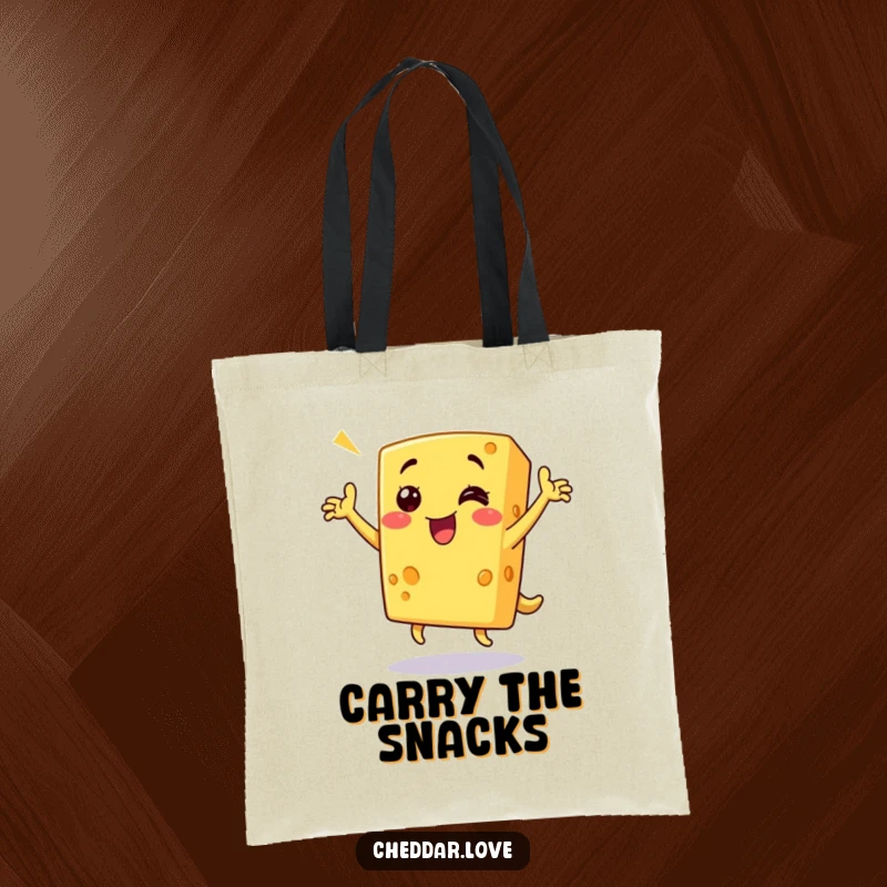 Funny cheese tote bag showing a grinning piece of cheddar cheese doing a triumphant dance, great for carrying items with cheesy humor.