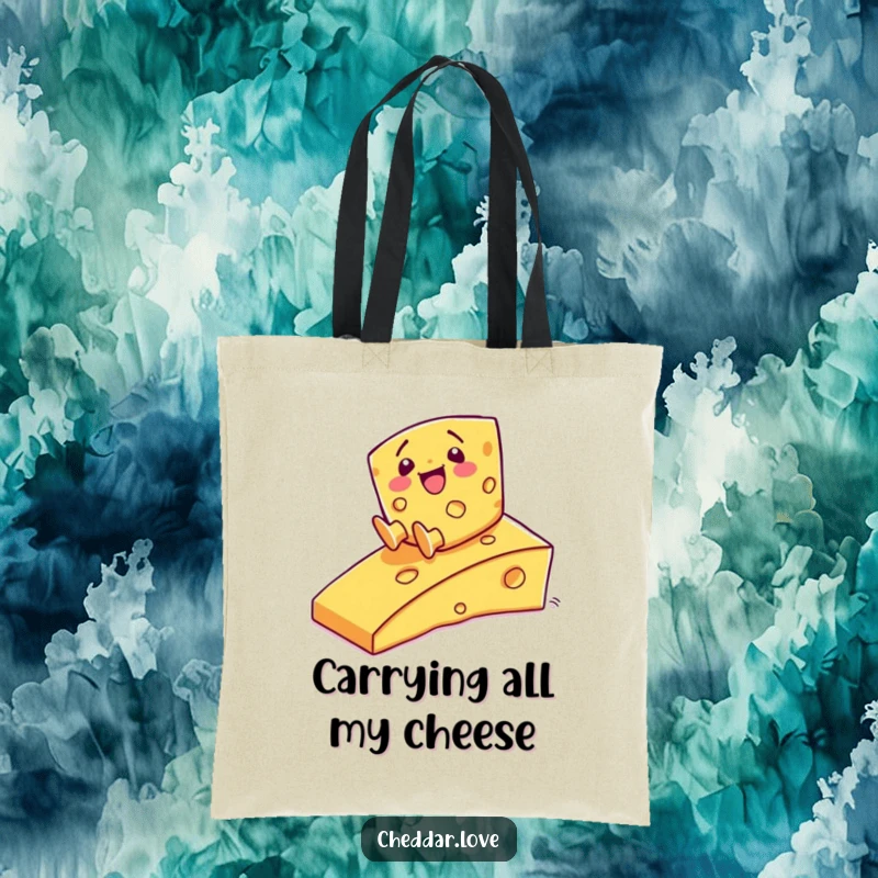 Funny Tote Bag: A happy cheese character sliding down a cheesy ramp, showcasing delicious fun.