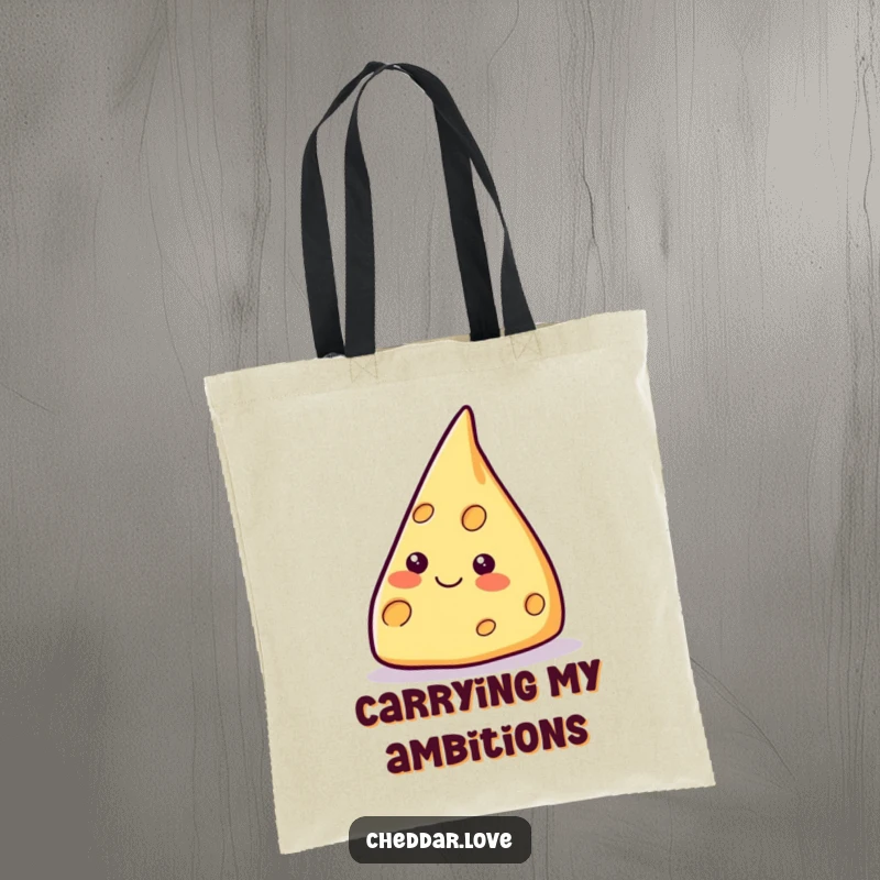 Funny smiling cheese wedge tote bag, pointing upwards, ready to carry your items and aspirations with cheesy encouragement.