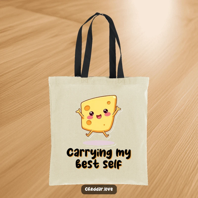 Funny tote bag featuring a dynamic wedge of cheese performing a cartwheel, perfect for stylish and humorous shopping.