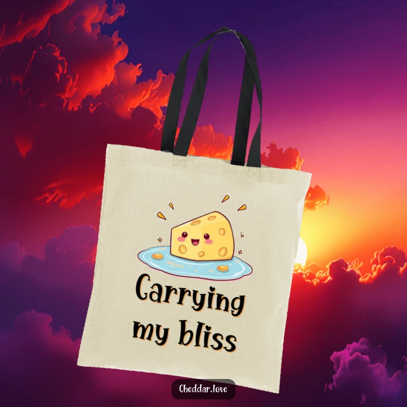 Funny tote bag featuring a wedge of cheese comically diving into a pool of glee, perfect for shopping trips.