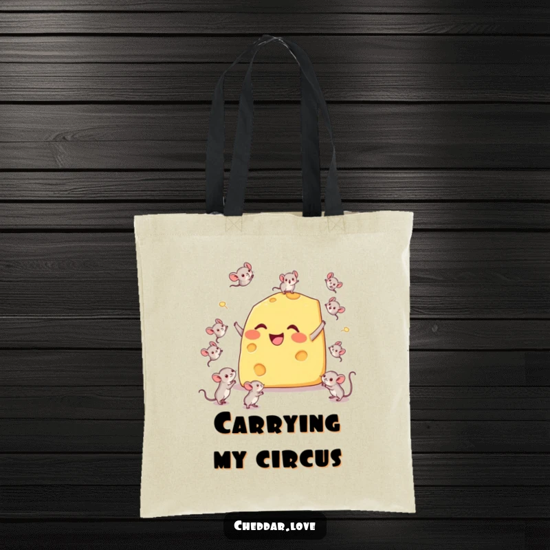 Funny tote bag featuring a happy cheese wedge comically juggling tiny mice, perfect for carrying everyday items with a smile.