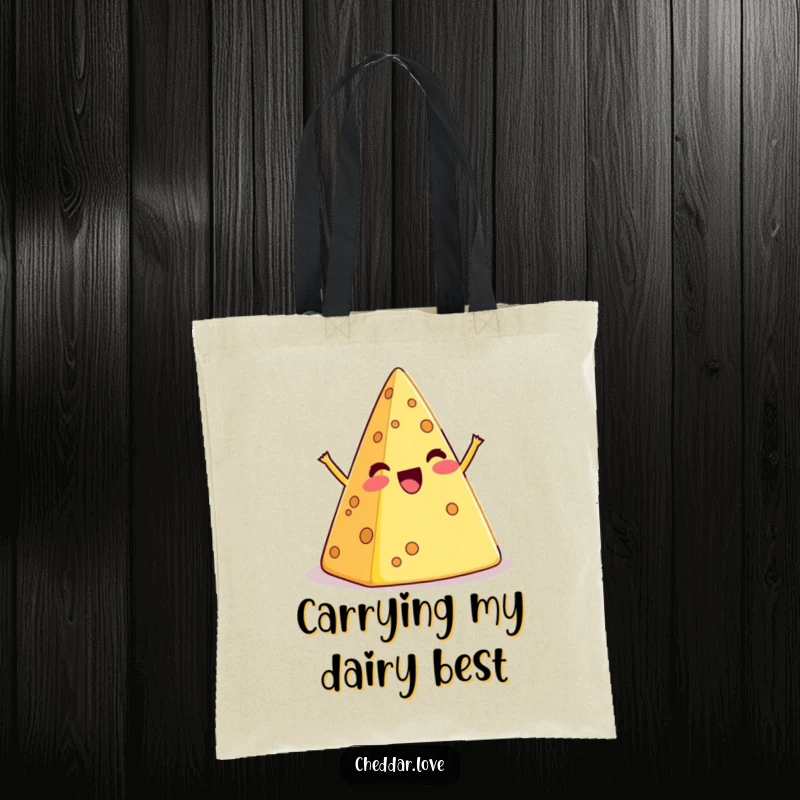 Funny tote bag showcasing a cartoon cheese pyramid in a humorous, exaggerated wobble, great for shopping.