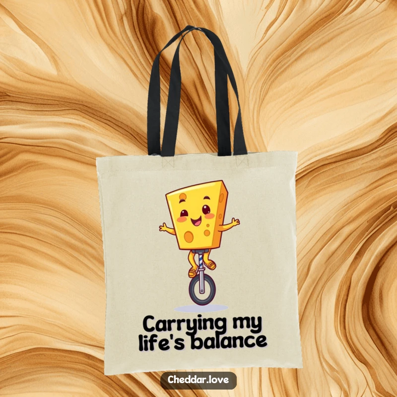 Funny Cheddar Cheese Tote Bag: A cheerful cartoon cheese character balancing on a unicycle, ready to carry your goods with a smile.