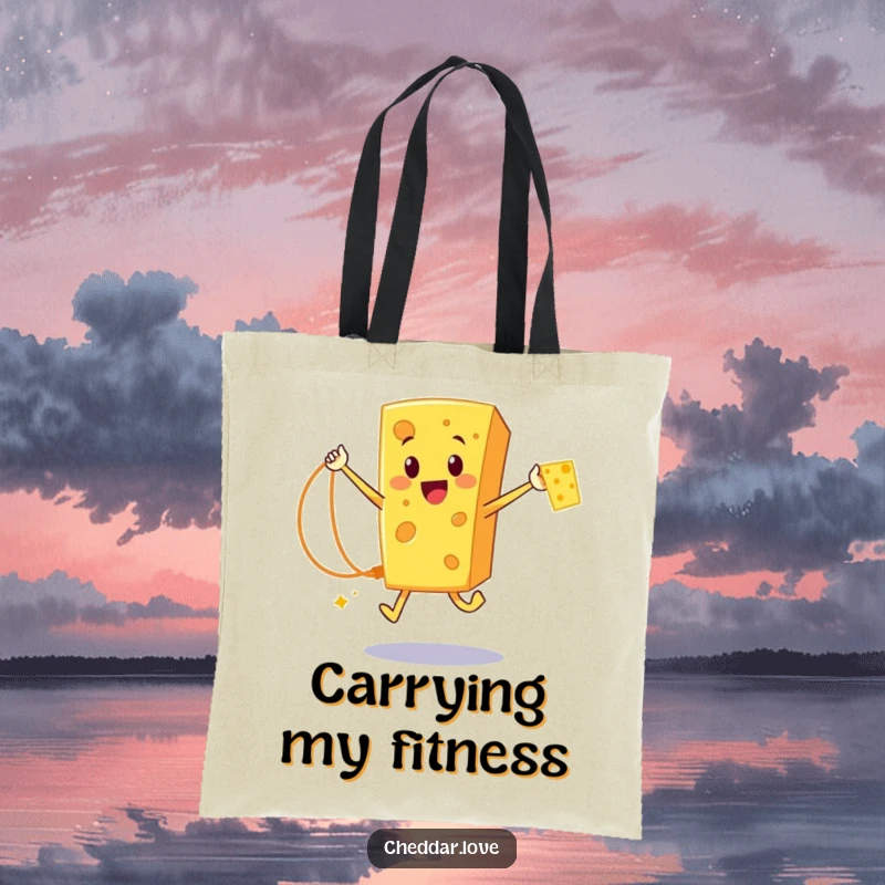 Funny Cheddar Cheese Tote Bag: A happy cartoon cheese character jumping rope with a cheese strand, designed for active individuals.