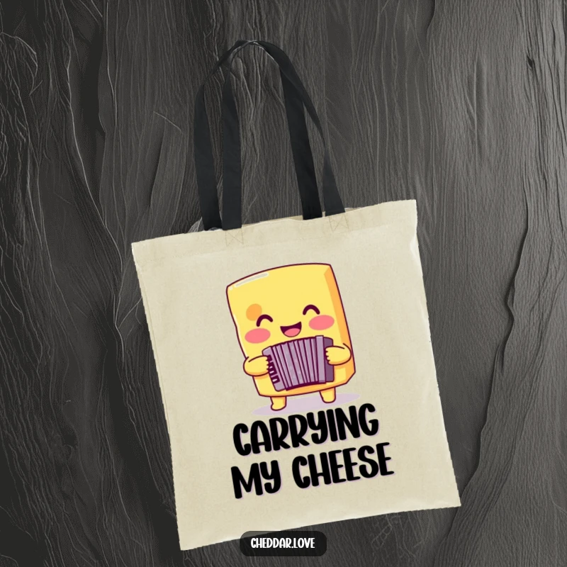 Funny cheese tote bag showing a smiling cheddar cheese playing an accordion, perfect for carrying music and cheese essentials.