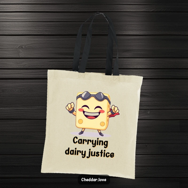 Funny cheese cube superhero tote bag, grinning with confidence, ready to carry groceries or save the day with cheesy might.