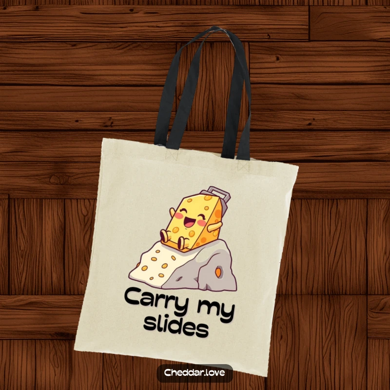 Funny Cheddar Cheese Tote Bag, a happy character sliding down a cheese grater mountain, great for errands.