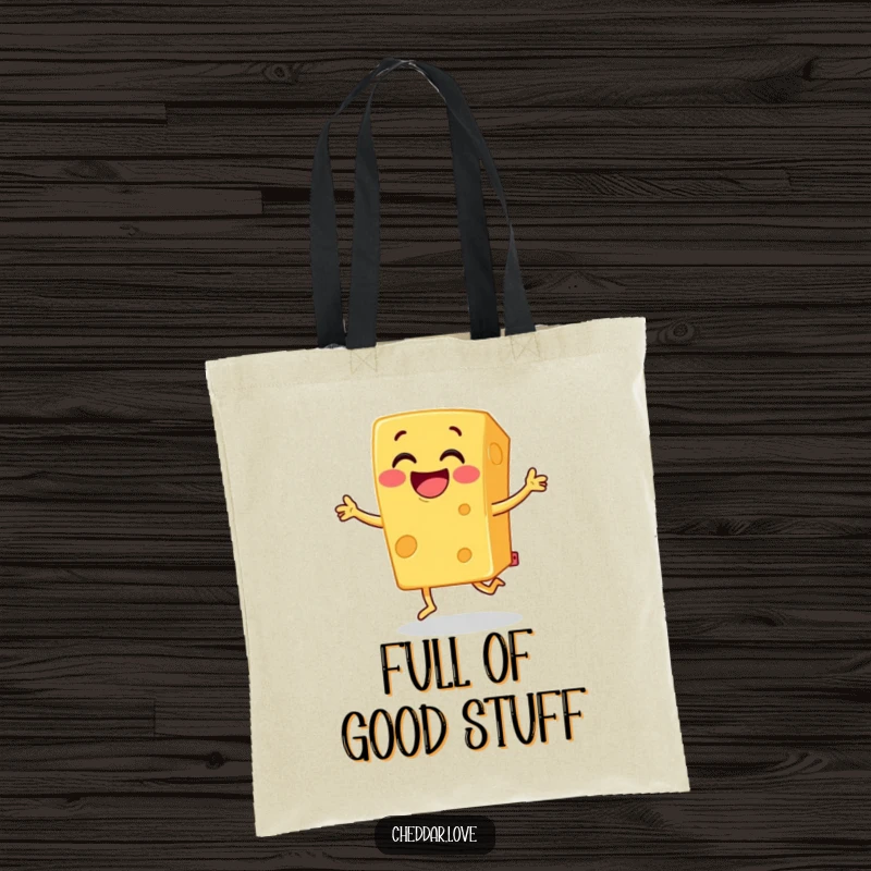 Funny cheddar cheese tote bag, a block of grinning cheese doing a joyful jig, ideal for shopping and spreading cheer.