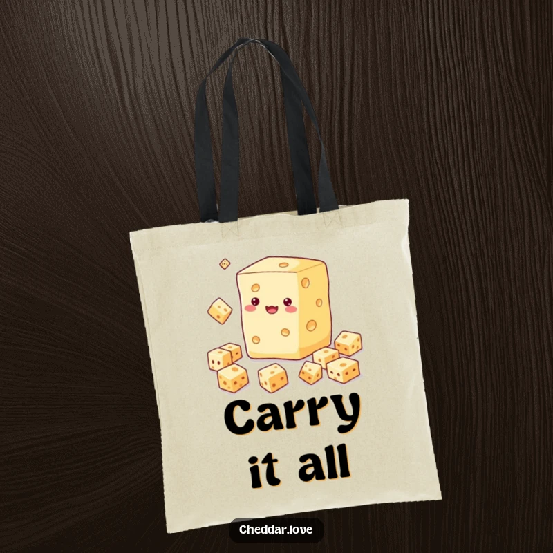 Funny tote bag depicting a block of cheese juggling smaller cheese cubes, a humorous and practical accessory.
