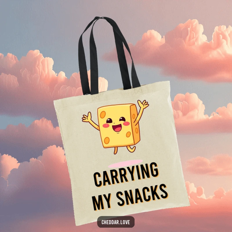Funny smiley block of cheddar cheese doing a joyful jump on this practical and humorous tote bag.