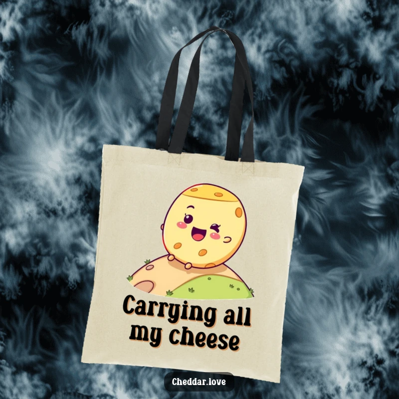Funny cheese wheel tote bag with a joyful expression, perfect for carrying groceries or books with a humorous, cheesy vibe.
