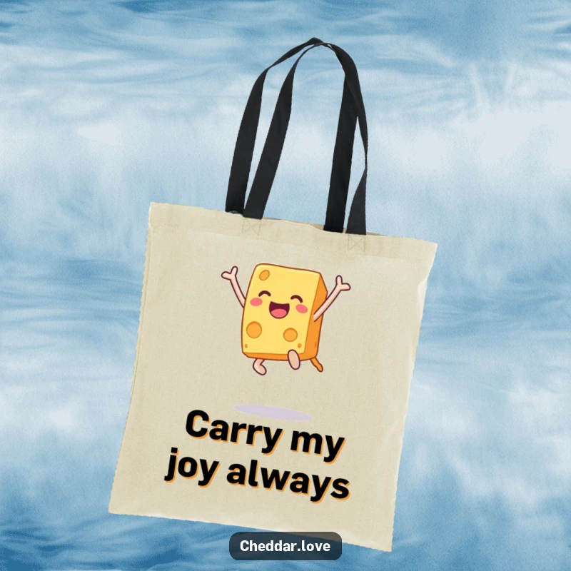 Funny tote bag with a vibrant image of a cheese block joyfully leaping, perfect for carrying groceries and smiles. A funny gift.