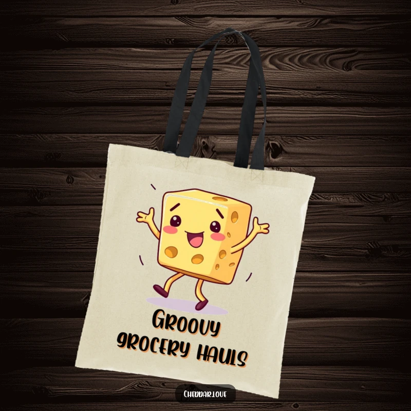 Funny dancing cheese tote bag, a block of cheese doing a silly dance, ready to hold your belongings with rhythm.
