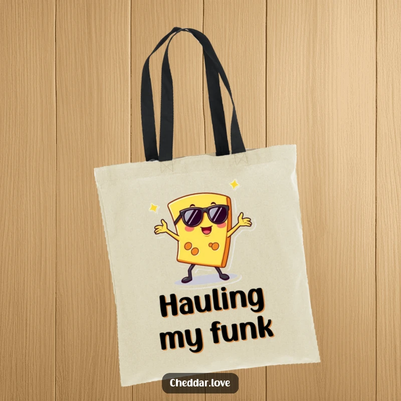 Funny tote bag featuring a slice of cheese in sunglasses doing a disco dance, perfect for carrying essentials with style.