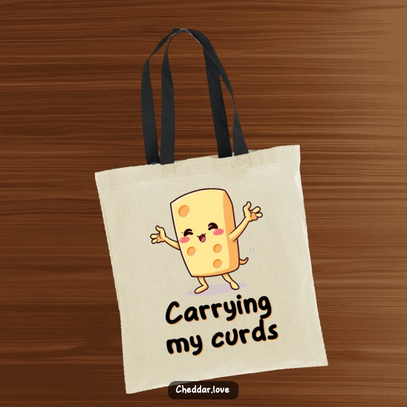 Funny cheese wedge in a dramatic pose with flourish, printed on a durable tote bag.