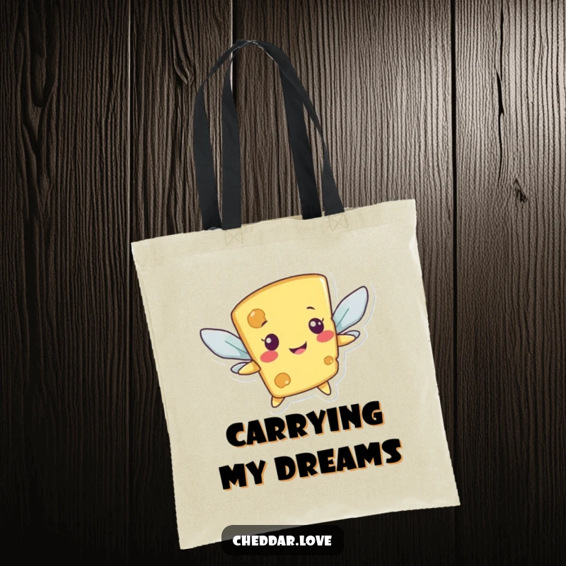 Funny tote bag featuring a smiling cheese character awkwardly flying with cracker wings, a symbol of humorous ambition.