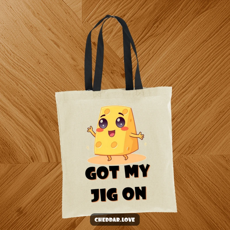 Funny Cheddar Cheese Tote Bag showcasing a googly-eyed wedge performing an energetic jig, perfect for shopping.