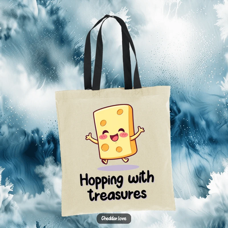 Funny cheerful cheese slice tote bag, doing a happy hop, ready to carry your items with infectious enthusiasm.