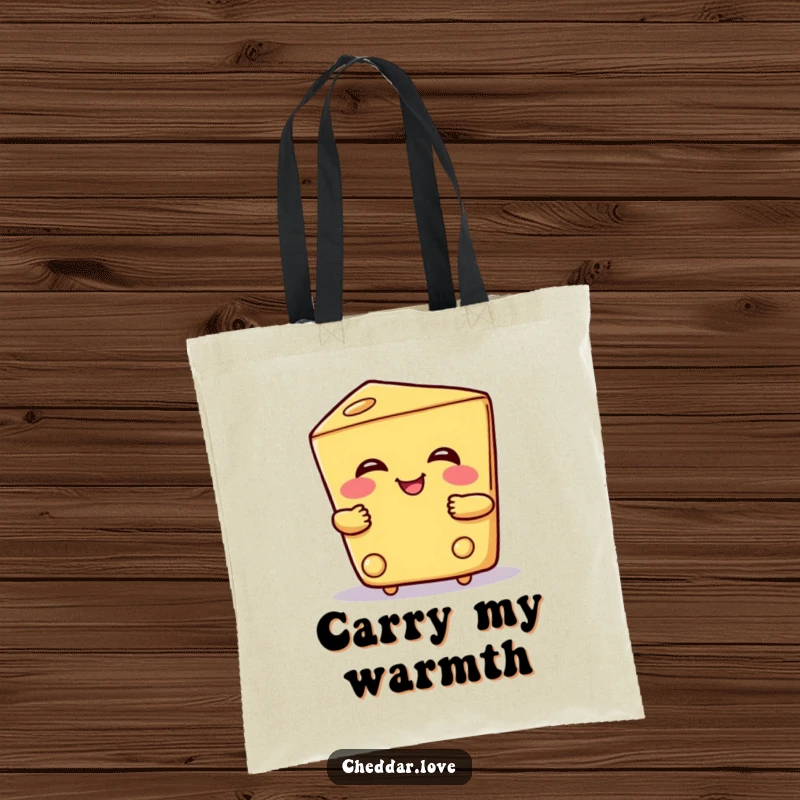 Funny tote bag depicting a smiling cheese wedge giving a warm hug, a cute and practical accessory for everyday use.