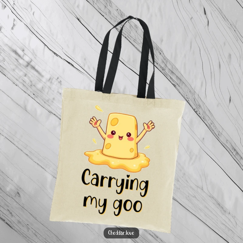 Funny tote bag featuring a melted cheese puddle waving enthusiastically, a humorous and practical accessory.
