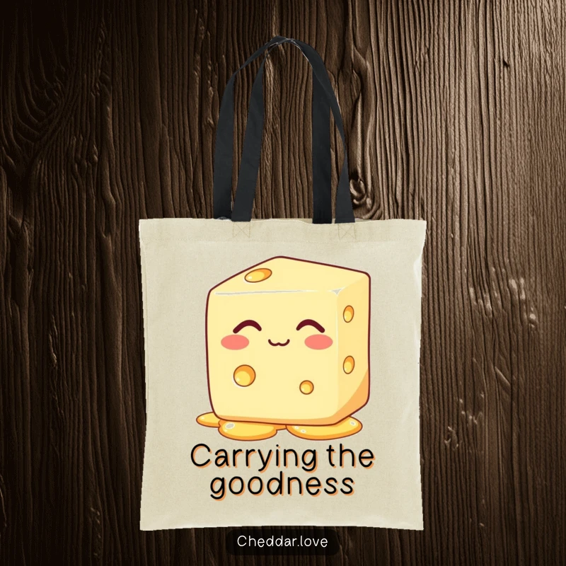 Funny block of cheese with eyes closed, happily melting, on a charming cheese tote bag, perfect for gifting.