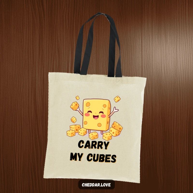 Funny Cheddar Cheese Tote Bag, a smiling block juggling cubes, perfect for stylish and humorous errands.