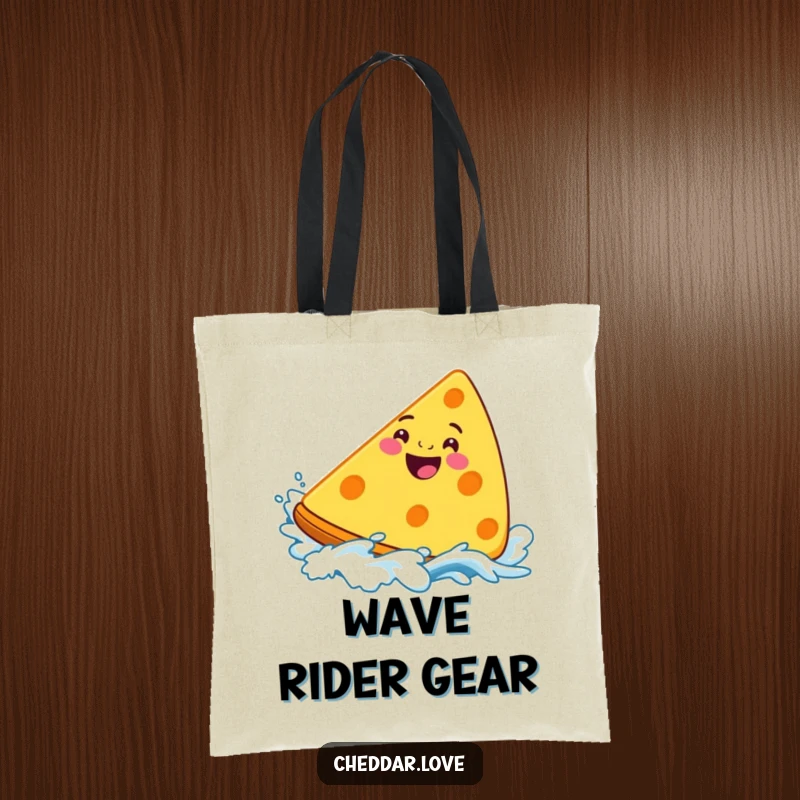 Funny Cheddar Cheese Tote Bag, a grinning wedge surfing a cheesy wave, perfect for stylish, humorous errands.