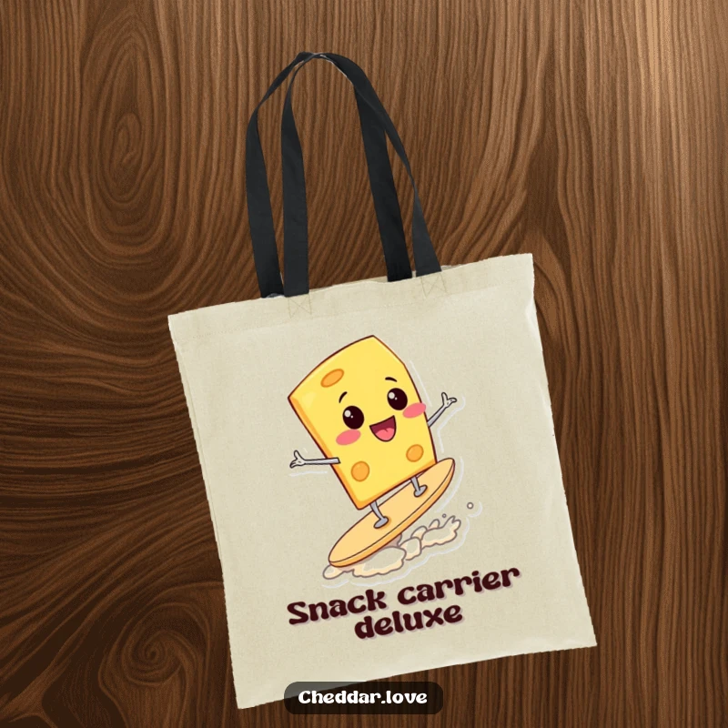 Funny Tote Bag: A cheerful cheese wedge gleefully surfs atop a potato chip, ready to carry your essentials.