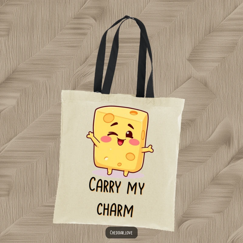 Funny tote bag with a block of cheese giving a cheerful wink and striking a silly pose, a humorous carry-all.