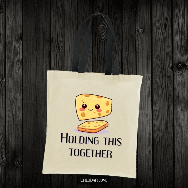 Funny tote bag with a happy cheese slice character balancing precariously on a cracker, ready to carry your essentials.