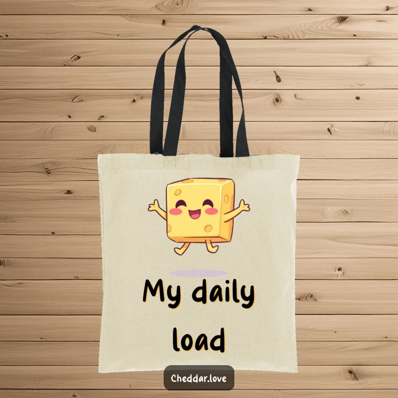 Funny happy cheese cube performing a playful jump, printed on a stylish and funny tote bag.