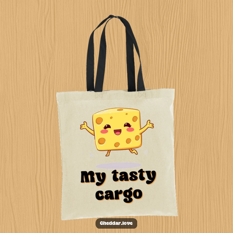Funny Tote Bag: A cheese cube in a silly, unstable jump, showcasing playful movement and humor.