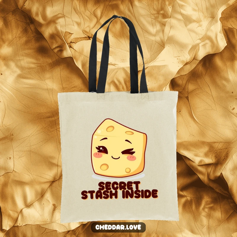 Funny Tote Bag showing a small piece of cheese winking with a playful, mischievous grin, perfect for secrets.