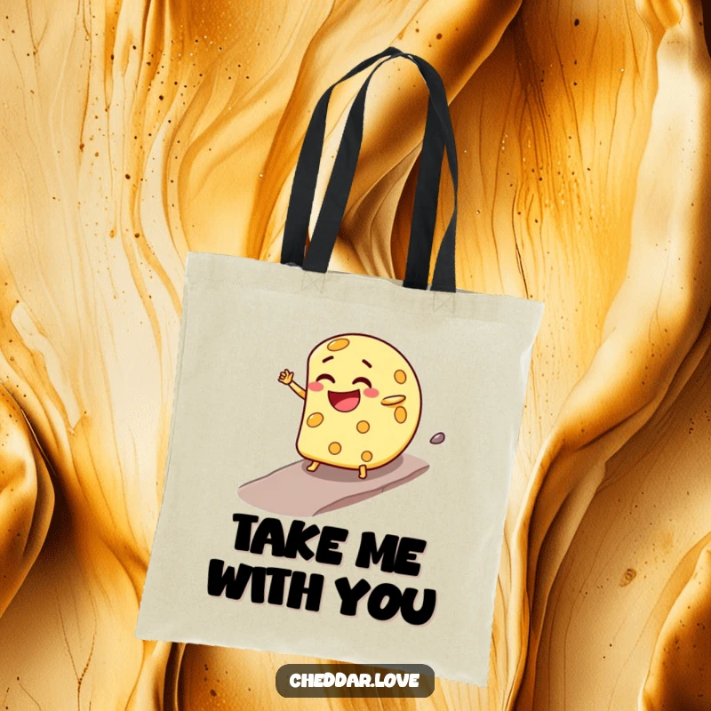 Funny Tote Bag: A cheese wheel with a mischievous grin rolls downhill, ready to carry your essentials with a sense of glee.